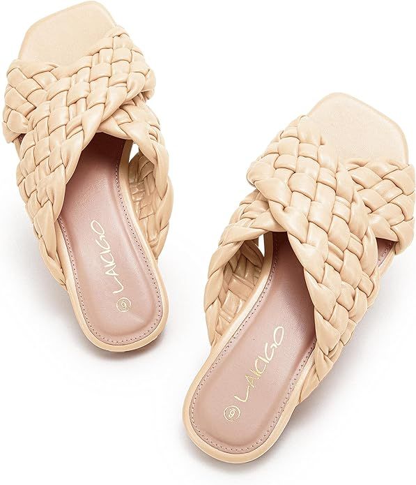 LAICIGO Women’s Square Open Toe Flat Sandals Braided Backless Slip On Slides Cross Band Summer ... | Amazon (US)