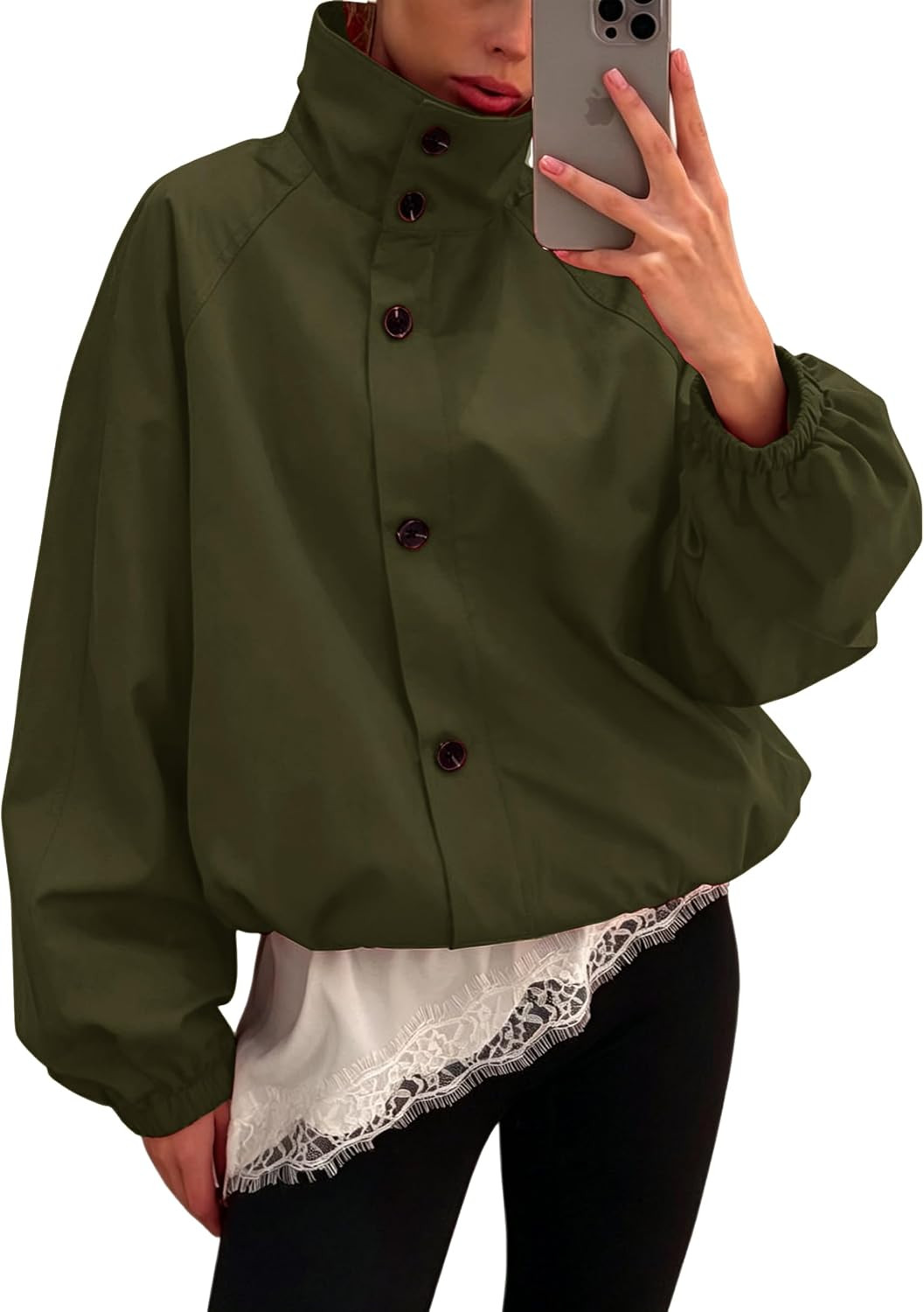 Womens Funnel Neck Jackets Fall Cropped Windbreaker Outwear Coats | Amazon (US)