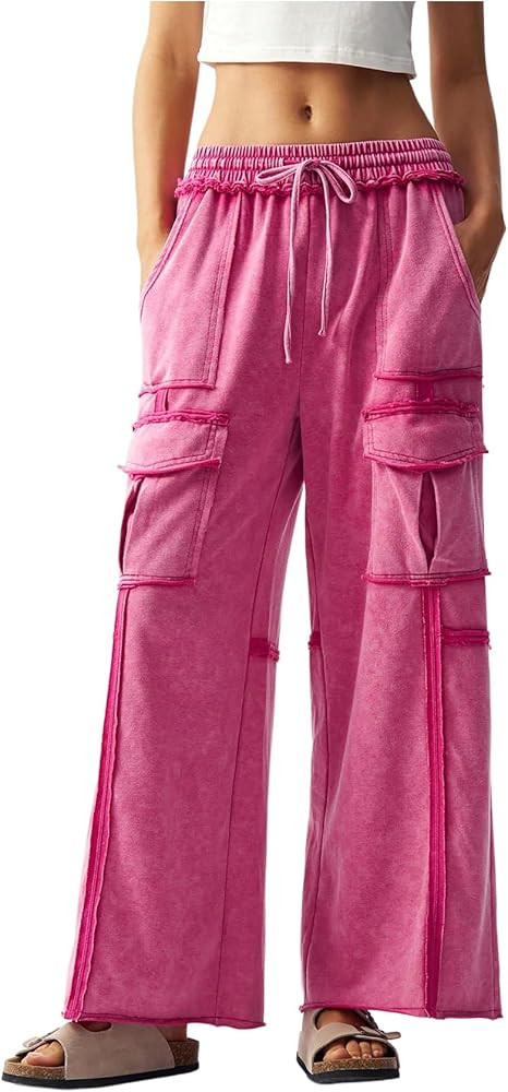 Women's Drawstring Waist Baggy Cargo Pants Y2k Wide Leg Trousers with Pocket | Amazon (US)