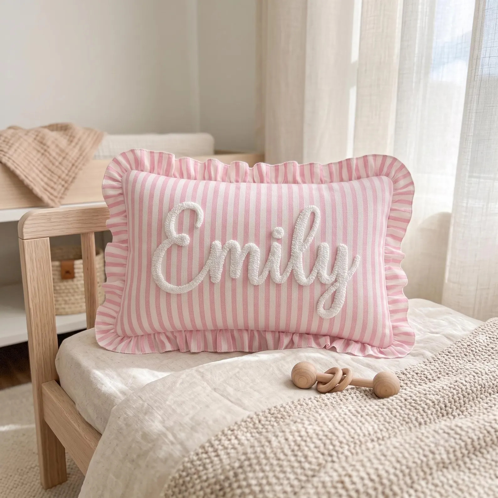 Custom Name Embroidered Pillow for Baby, Striped Ruffle Nursery Decor Cushion | Etsy (Global)