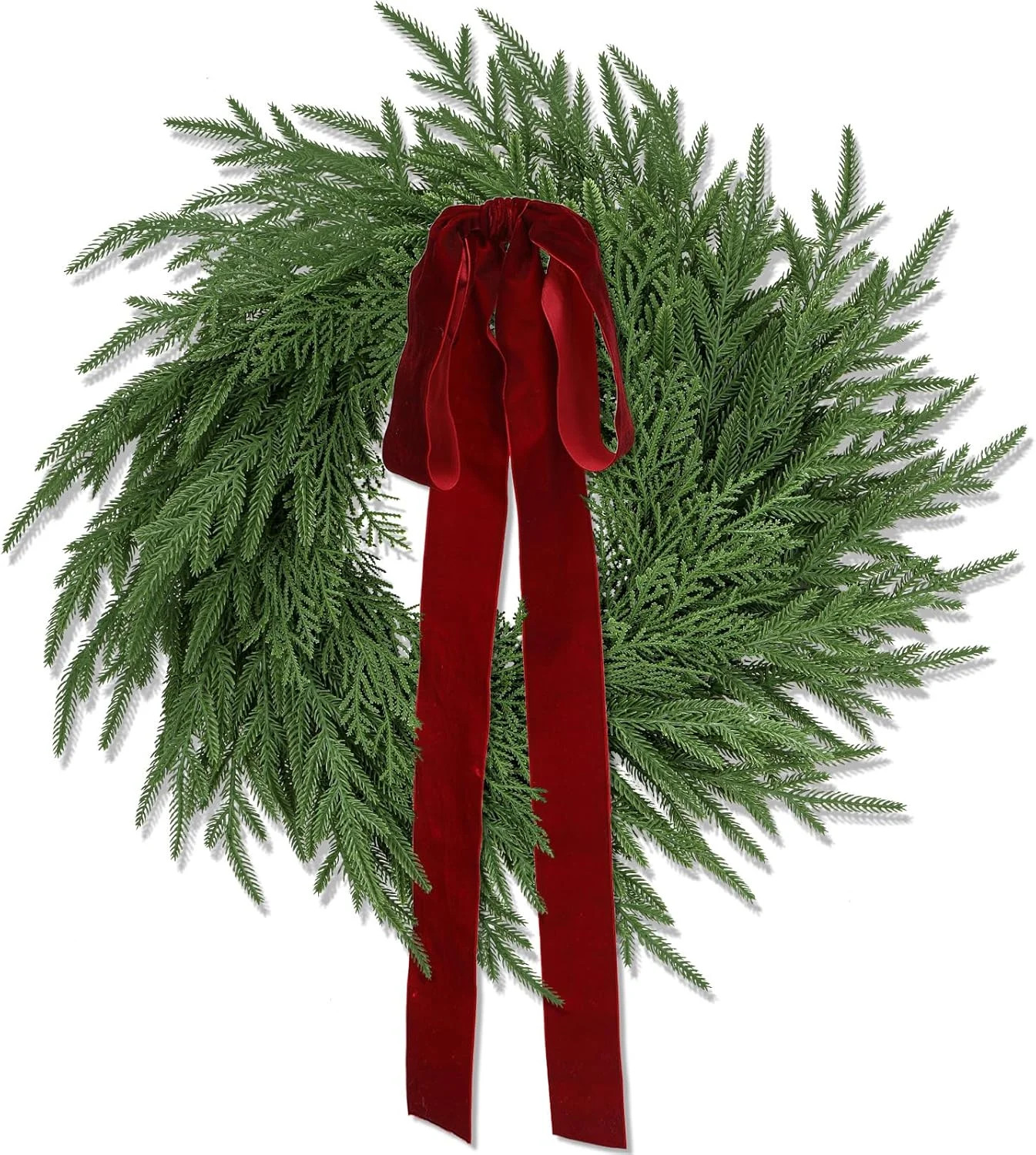 24'' Artificial Norfolk Pine & Cedar Christmas Wreath with Velvet Bow – Real Touch Faux Greener... | Walmart (US)