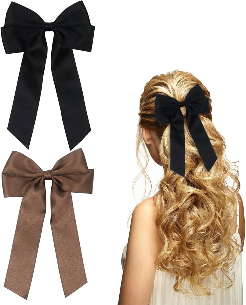 2Pcs Bow Hair Clips, Black Hair Bows with Long Silky Satin Tail Hair Bow Clips for Women Girls Ha... | Amazon (UK)