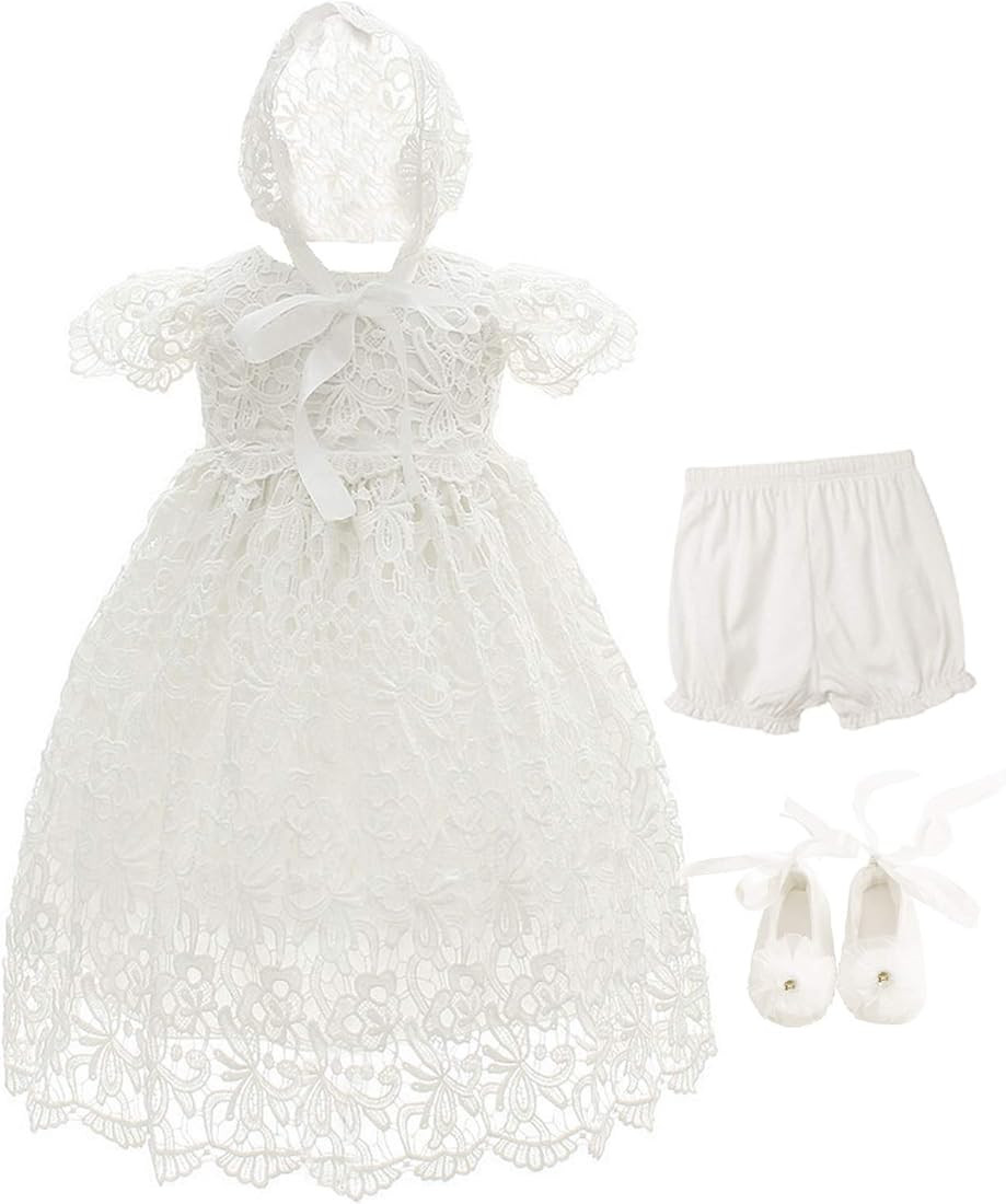 Bow Dream Baby Girls 4Pcs Gown and Bonnet Christening Baptism Dress Lace Baby Dress | Amazon (US)