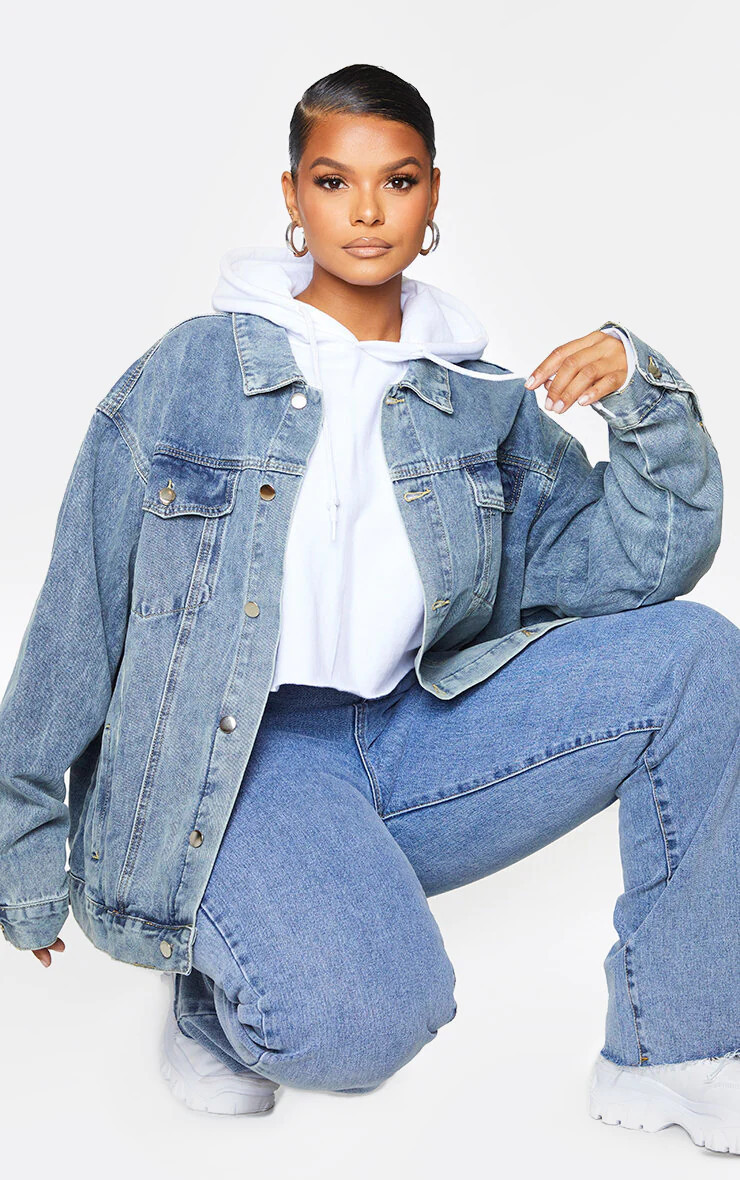 PRETTYLITTLETHING Plus Vintage Wash Oversized Boyfriend Denim Jacket | PrettyLittleThing US