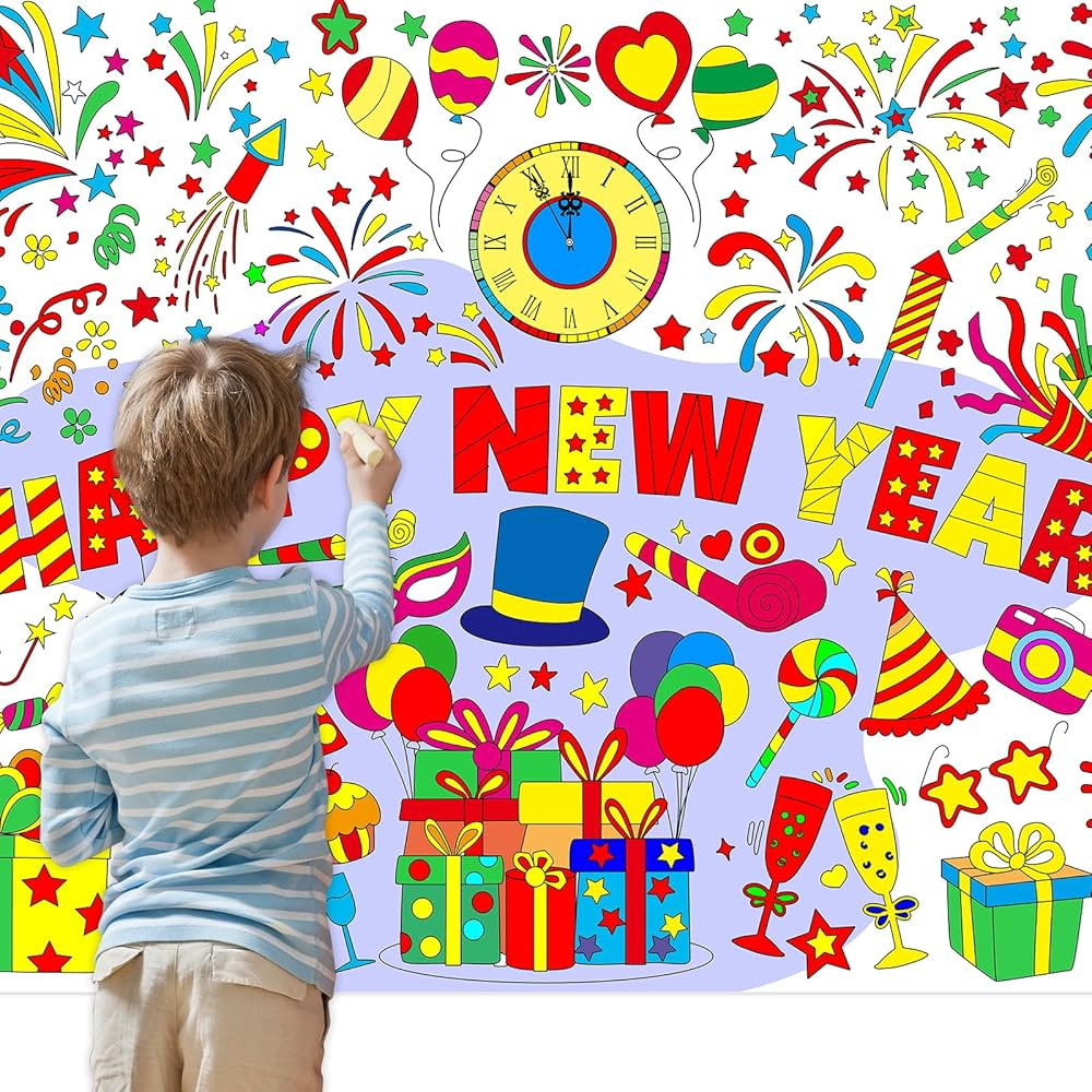 FANCY LAND Happy New Year Large Coloring Poster Kids Huge Painting Tablecloth Table Cover for Boy... | Amazon (US)