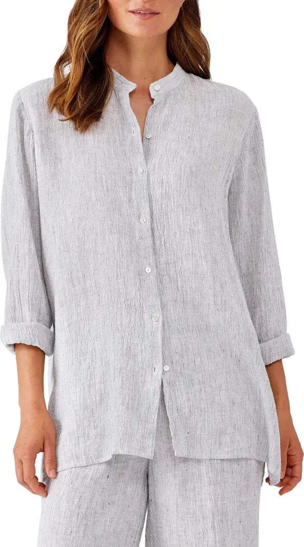 Mandarin Collar Organic Linen Long Button-Up Shirt | Nordstrom