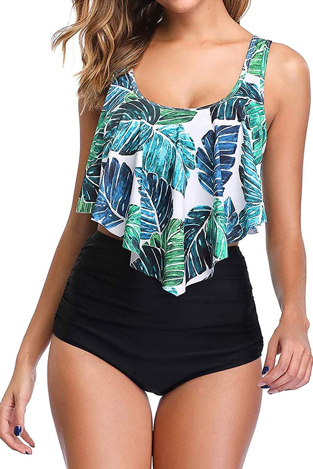 Women High Waisted Swimsuit Flounce Swimwear Racerback Vintage Two Piece Bikini | Amazon (US)