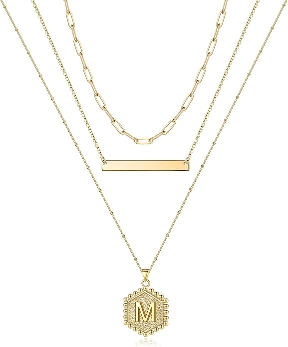 Turandoss Gold Layered Initial Necklaces for Women, 14K Gold Plated Bar Necklace Handmade Layerin... | Amazon (US)