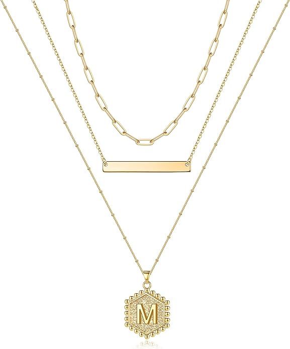 Turandoss Gold Layered Initial Necklaces for Women, 14K Gold Plated Bar Necklace Handmade Layerin... | Amazon (US)