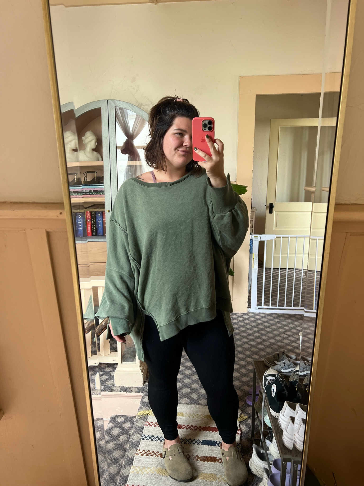 Tired pregnant gal attire. My fav sweatshirt from free people, my new comfy Soma leggings. Both size large. And of course my Birkenstock bostons. The taupe is selling out so run!!

#LTKbump #LTKshoecrush #LTKmidsize