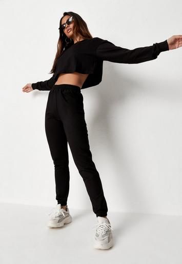 Missguided - Black Loopback Cropped Sweatshirt and Joggers Co Ord Set | Missguided (US & CA)