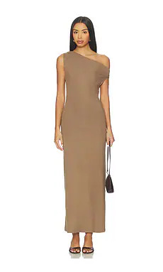 LESET Lauren Ruched Asymmetrical Shoulder Dress in Walnut from Revolve.com | Revolve Clothing (Global)