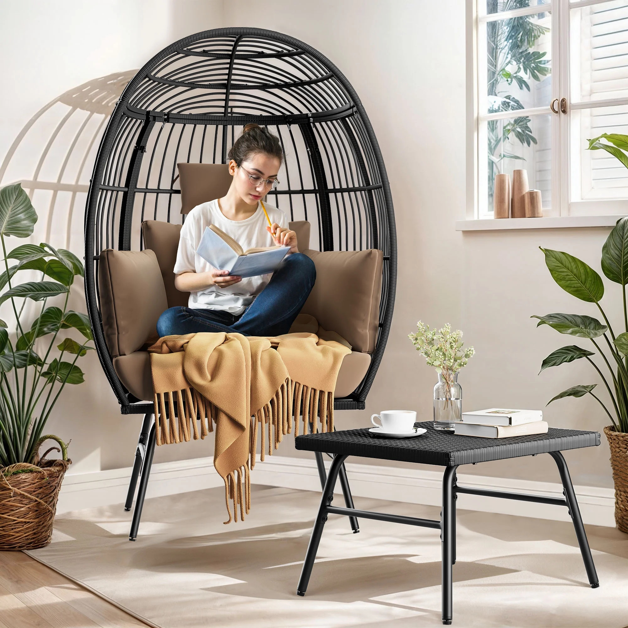 Dextrus Outdoor Egg Chair with Ottoman,Patio Wicker Basket Chair with Stand and Brown Cushion Coc... | Walmart (US)