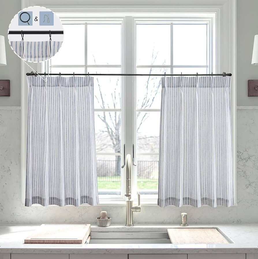 LIMON HOME Blue & Navy Boho Striped Pinch Pleat Curtains - 30 Inch Length, 2 Panels Set for Kitch... | Amazon (US)
