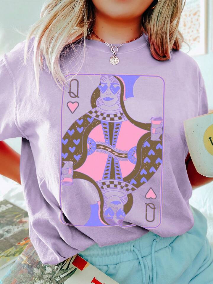 SHEIN EZwear Women's Summer Poker Print Round Neck Short Sleeve Casual T-Shirt | SHEIN