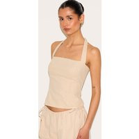 Tall Natural Premium Linen Look Halterneck Top | PrettyLittleThing US