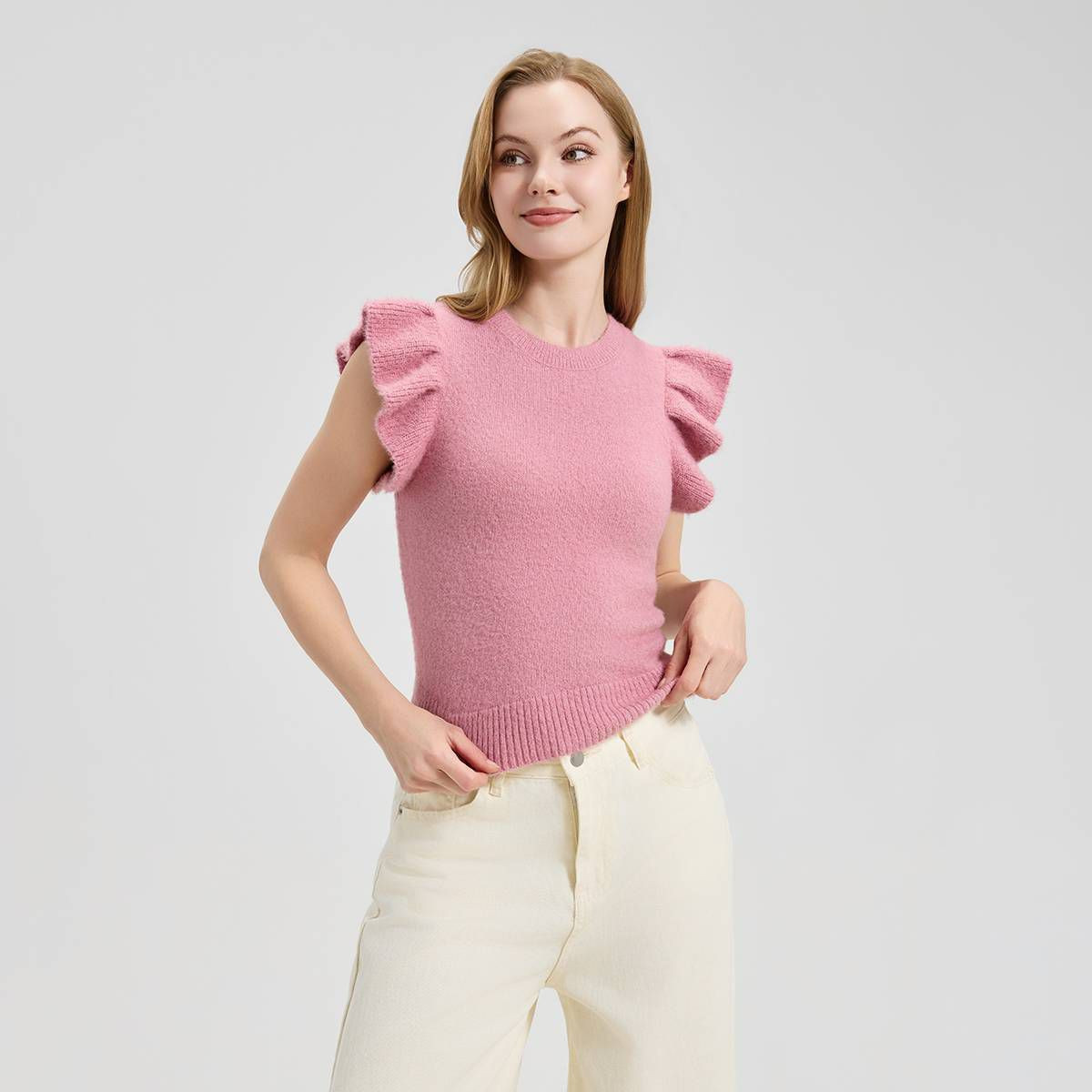 Women's Ruffle Cap Sleeve Crewneck Sweater - A New Day™ Dusty Pink XL | Target