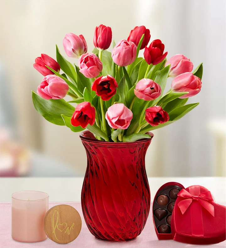 1800Flowers Seasonal Gift Delivery Sweetest Love Tulips 15 Stems W/ Red Vase, Candle & Chocolate | 1800flowers.com