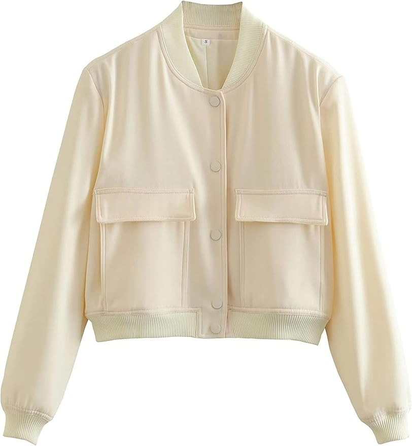 Buenoble Crop Street Bomber Jacket Women Casual Button Up Solid Color Varsity Jacket with Two Big... | Amazon (US)