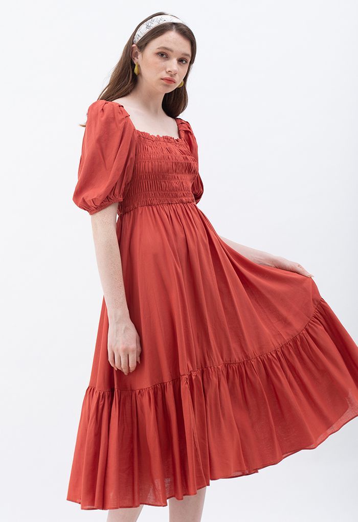 Square Neck Puff Sleeve Shirred Dress in Rust Red | Chicwish