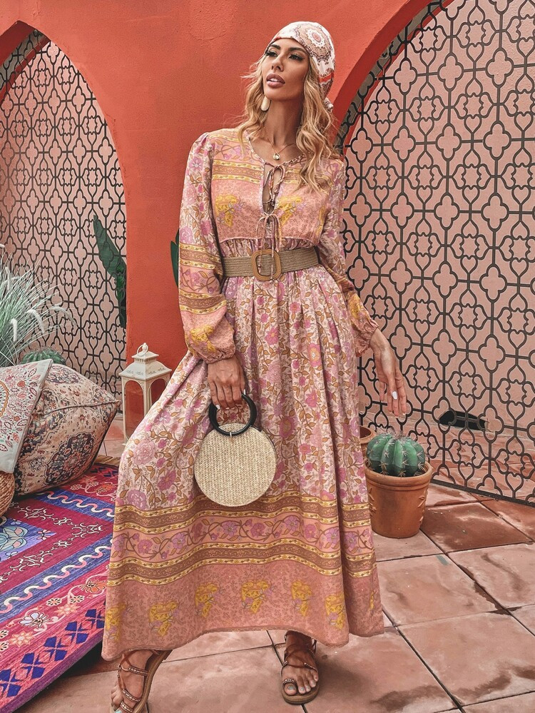 Floral Print Tie Neck Dress Without Belt | SHEIN