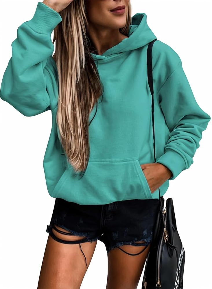 SHEWIN Women's Casual Hoodies Long Sleeve Solid Lightweight Pullover Tops Loose Sweatshirt with P... | Amazon (US)