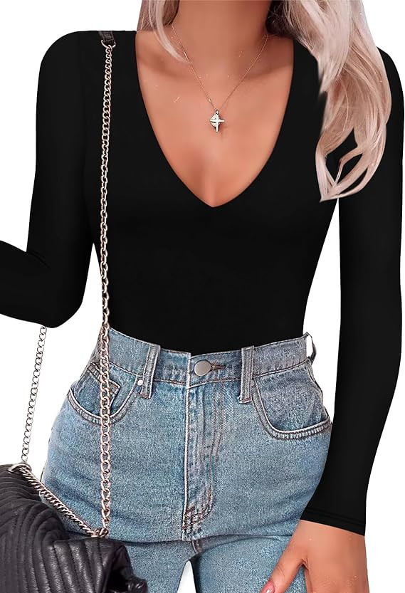 SAUNGKUAI Women's Plunge Deep V Neck Long Sleeve Bodysuit Double Lined Thong Body Suit Shirt Tops | Amazon (US)