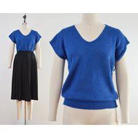 Vintage Cobalt Blue Cap Sleeve Sweater | Semi Sheer Pointelle Knit Top Size Xs S | Etsy (US)