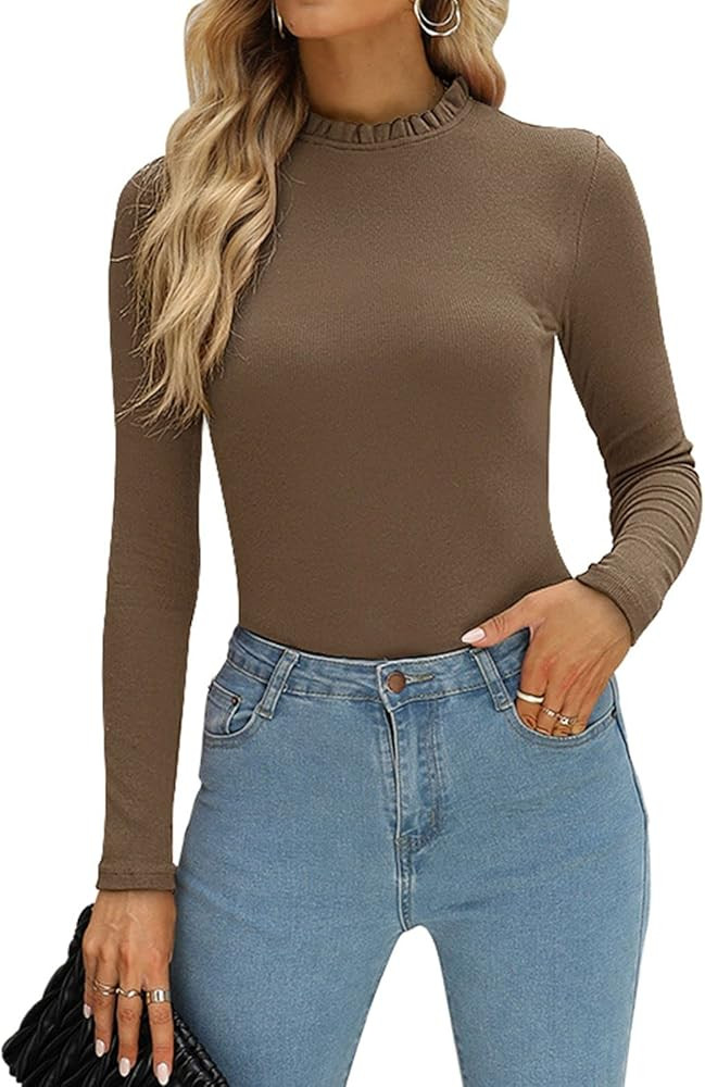 PINKMSTYLE Womens Long Sleeve Ruffle Mock Neck Bodysuit Jumpsuit Ribbed Slim Fit Tops Business Ca... | Amazon (US)