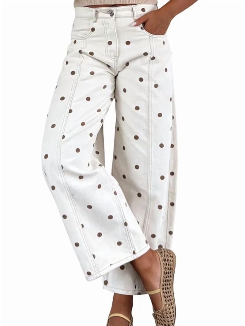 sicmoss Women's White Polka Dot Barrel Jeans Mid Rise Vintage Denim Pants with Pockets | Walmart (US)