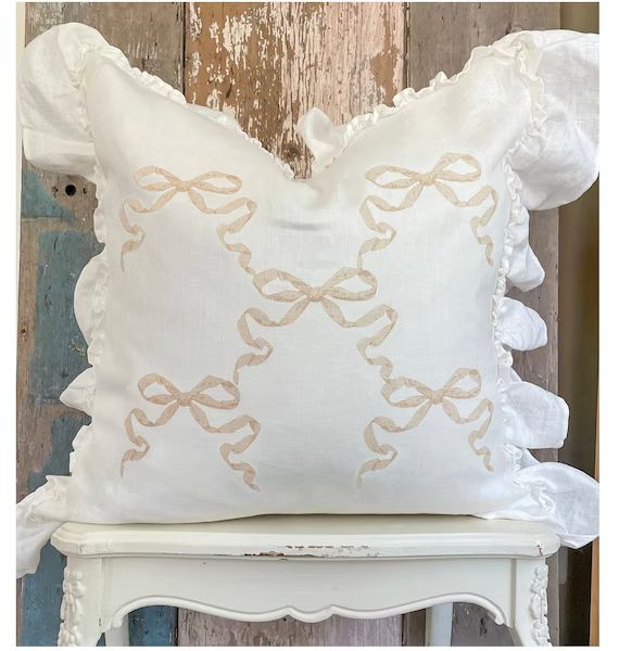 Bows and Ribbons Ruffle Pillow Cover Shabby French Country - Etsy | Etsy (US)