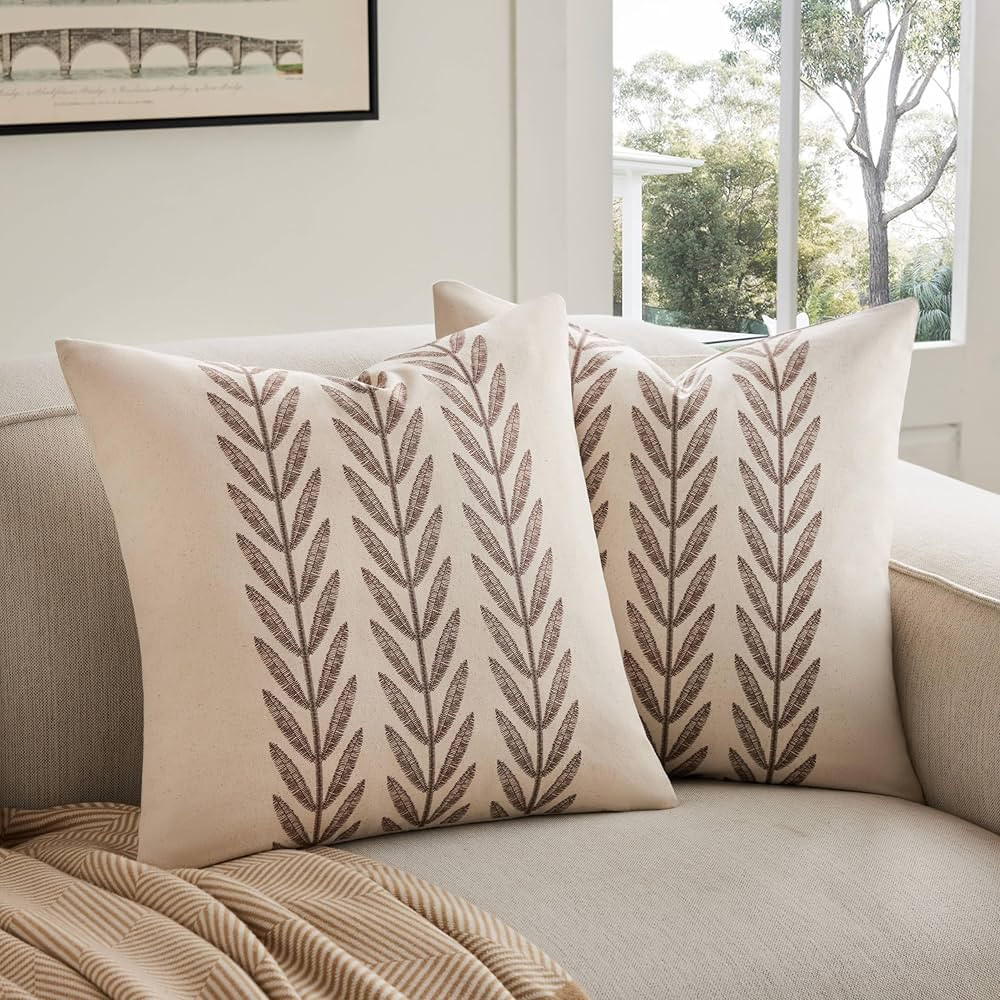 100% Cotton Farmhouse Leaves Throw Pillow Covers Set of 2, 20x20 Inch Chocolate Pastoral Decorati... | Amazon (US)