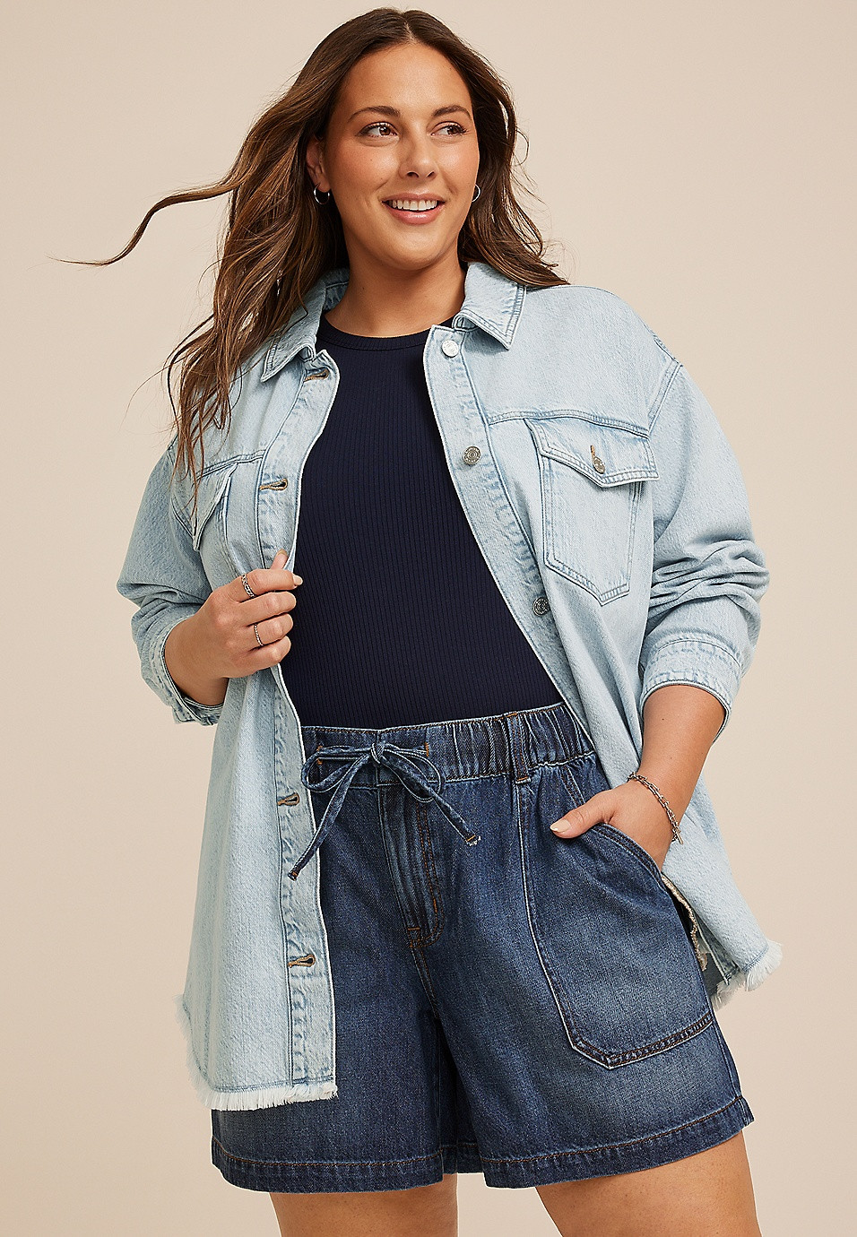 Plus Size Light Wash Fray Hem Denim Shacket | Maurices