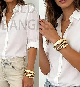 Chunky Gold Bangle Bracelets for Women, Dainty 14k Gold Plated Big Stackable Bangles Set, Trendy ... | Amazon (US)