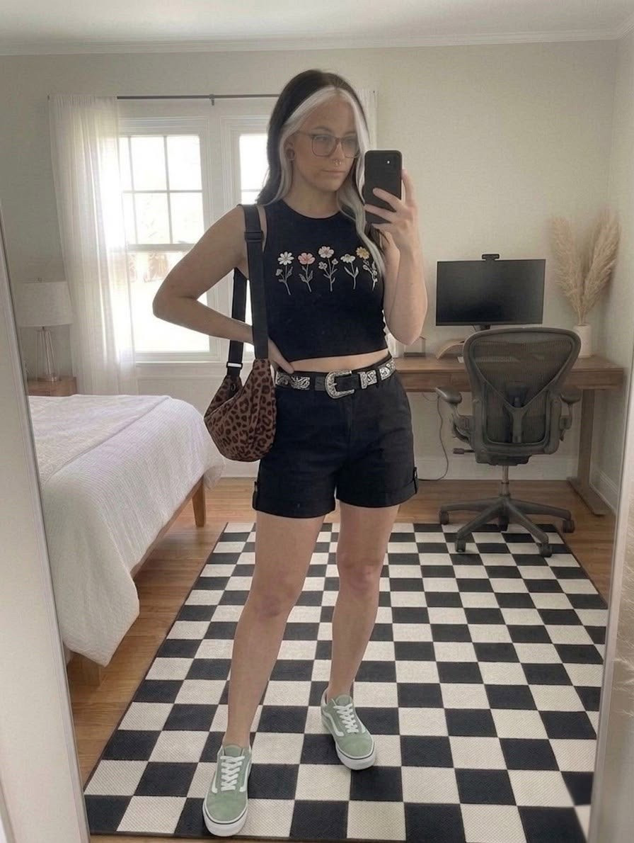 Obsessed with how this casual-meets-edgy look came together! This embroidered floral crop top paired with high-waisted black denim shorts is my new go-to uniform. I elevated the fit with a Western-style double buckle belt and a pop of leopard print on the shoulder bag. Finished it off with these sage green Vans for the ultimate comfy, skater-chic vibe. Perfect for everyday casual wear, concerts, or casual hangouts!

#LTKootd #LTKSeasonal #LTKMidsize