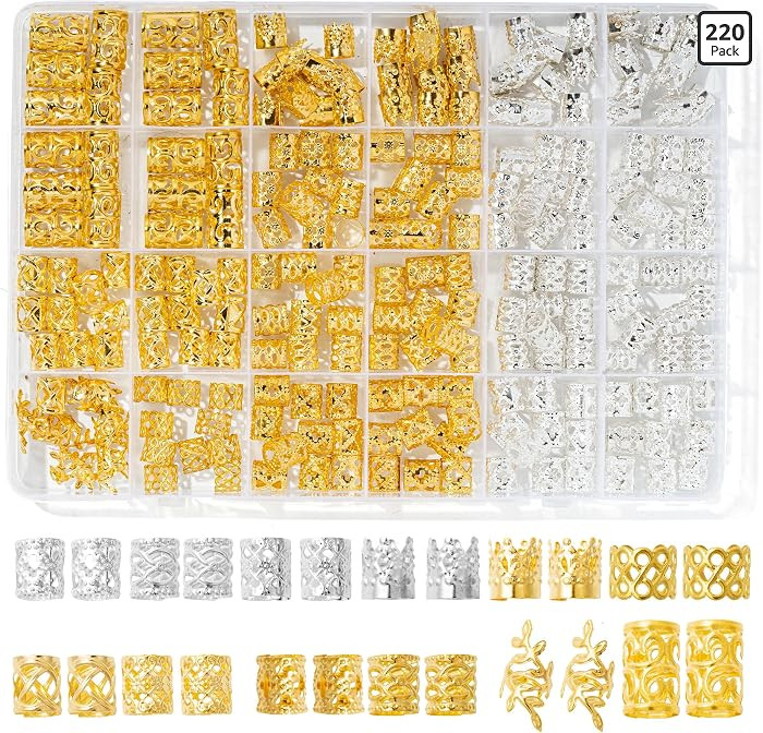 220 Pcs Gold Hair Jewelry for Braids, 12 Styles Gold and Silver Hair Accessories Cuff for Braids ... | Amazon (US)
