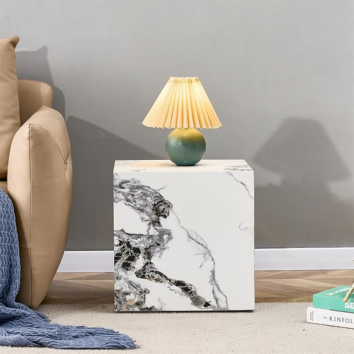 Side Table, End Table with White Marble Grain, Modern Beside Sofa Couch Tables, Cube Accent Livin... | Amazon (US)