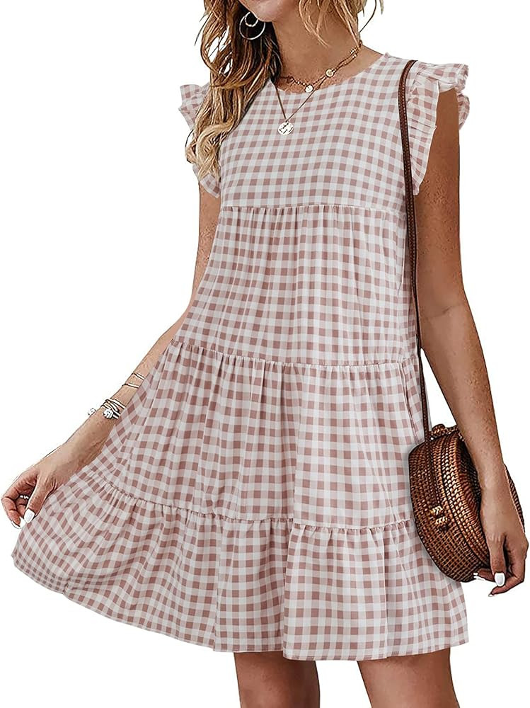 Imysty Womens Summer Mini Dress Casual Sleeveless Ruffle Sleeve Round Neck Flowy Pleated Babydoll T- | Amazon (US)