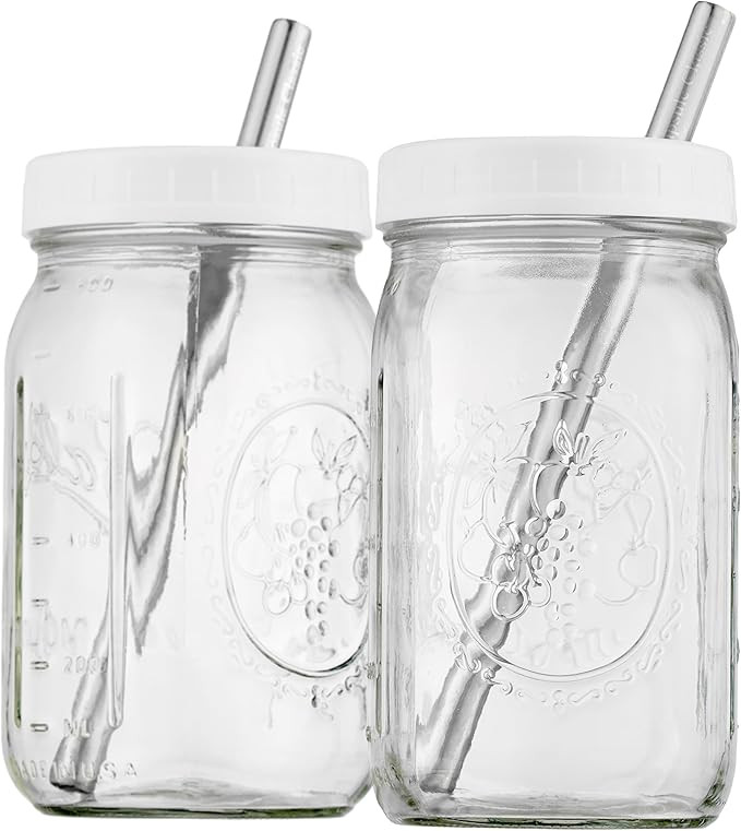 Reusable Wide Mouth Smoothie Boba Tea Cups Bubble Tea Cups with Lids and Silver Straws Mason Jars... | Amazon (US)