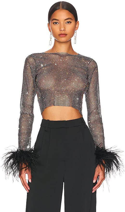 Women Sequin Sheer T Shirt Feather Long Sleeve Crop Top Sexy Pearl Rhinestone Beaded See Through ... | Amazon (US)