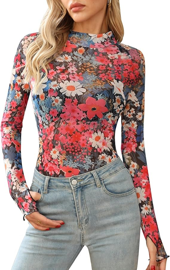 Ugerlov Women's Lace Long Sleeve Mesh Top Floral Mock Neck Going Out Top with Thumb Hole Fashion ... | Amazon (US)