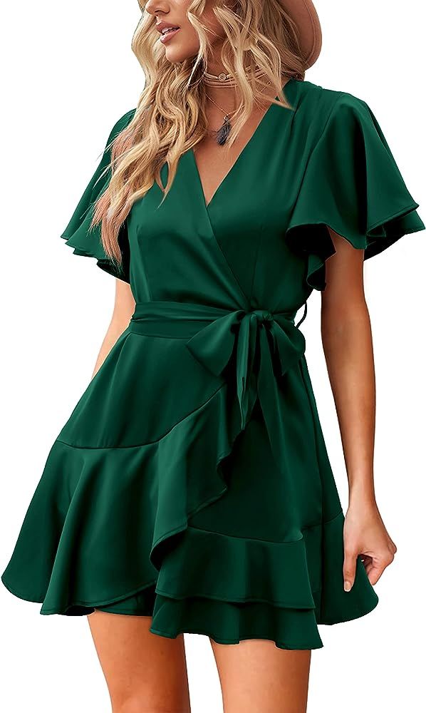 Amoretu Women Summer Dress Short Sleeve Ruffle Hem Dresses Wrap V Neck Sundress | Amazon (US)