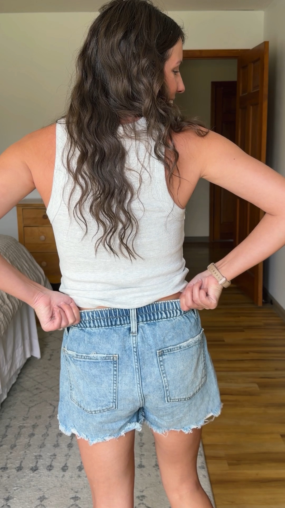 The Aerie daydreaming shorts ( on sale right now!) are sooo comfy because they have an elastic waistband. I’ve had mine for 4-5 years, so they’re older, but bring them back each year. 

I size down town xxs because they stretch down with wear. Linked this year’s version. I have the medium/light wash. This year’s version is less distressed (which I really like!)
 
small in my bra (my favorite one to wear with high neck tanks!) small in my tank, and 36 in my Birkenstock sandals!



#LTKPetite #LTKSeasonal #LTKSaleAlert