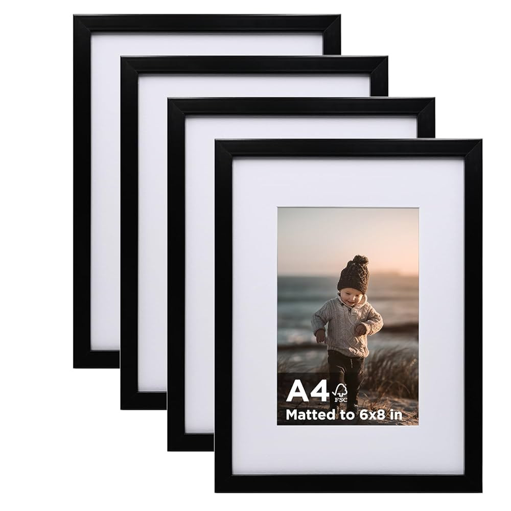 KINLINK A4 Picture Frame Black Set of 4, Wooden Photo Frames Matted 6x8 with Plexiglass for 6x8 w... | Amazon (US)
