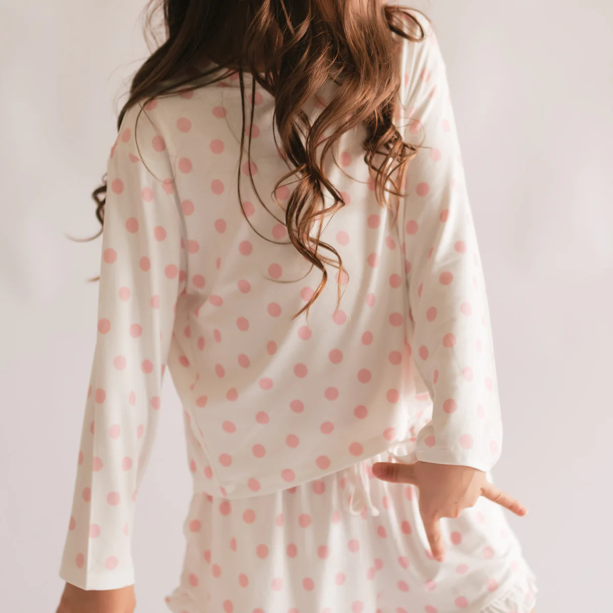Girl's Long Sleeve and Ruffle Shorts Set in White & Pink Polka Dot | Silks Design