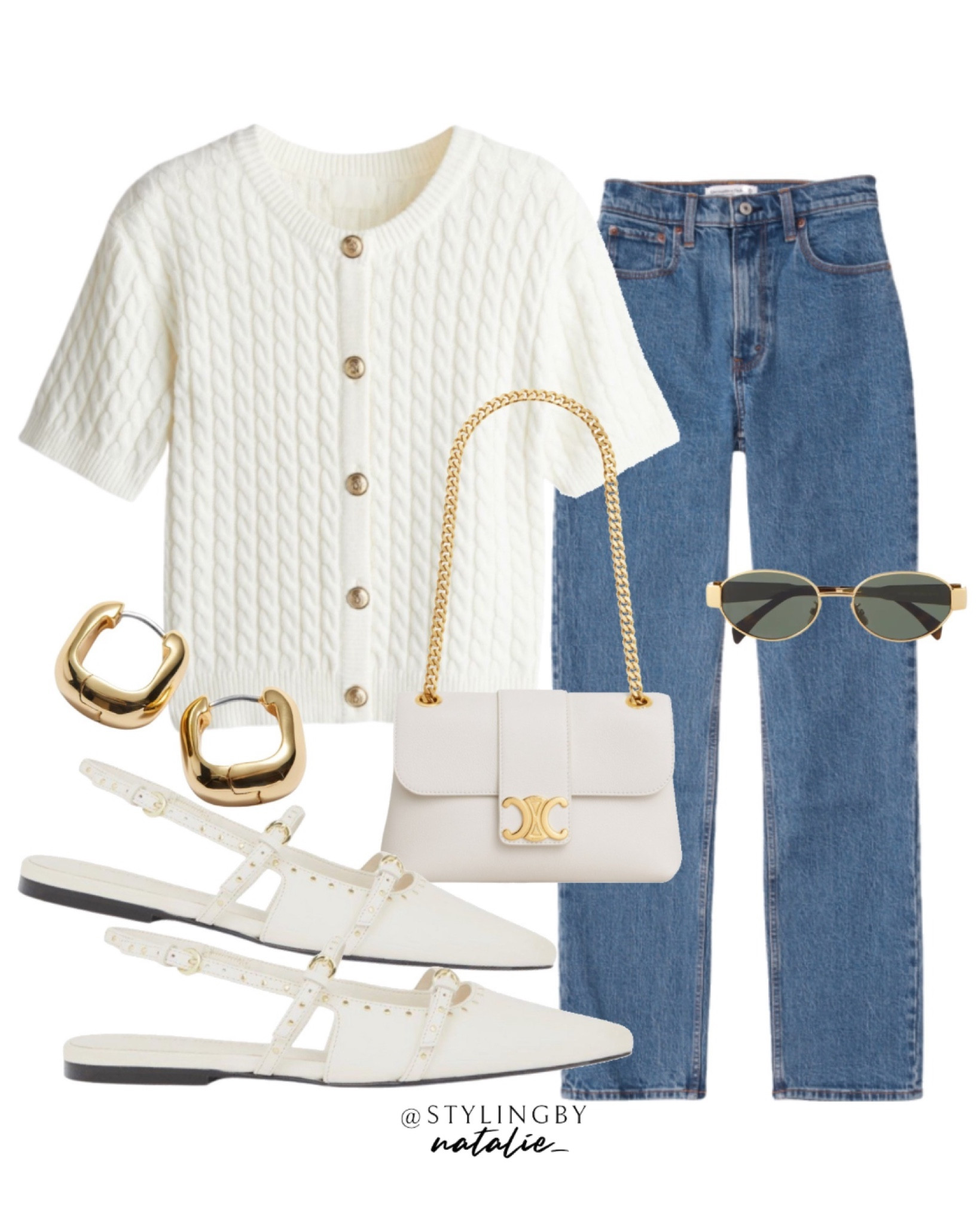 White cable knit cardigan with gold buttons, high waisted jeans, Celine triomphe chain bag, gold hoop earrings, celine metal sunglasses & studded slingback pointed flat shoes. 
Summer outfit, old money, classy look, date night, smart casual wear.

#LTKeurope #LTKstyletip #LTKshoes