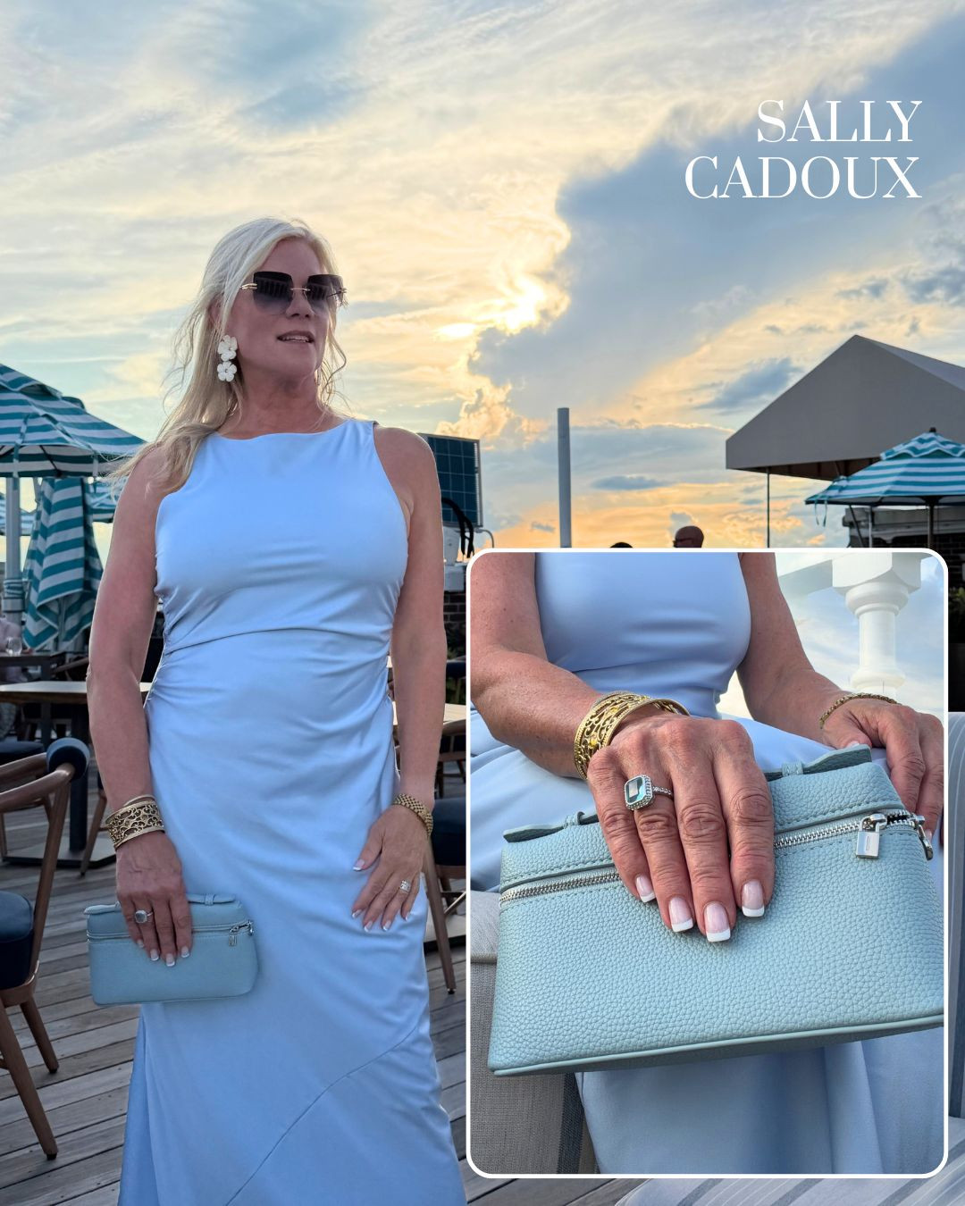 This little blue bag might be doing the most work in this whole outfit. 💙 The pebbled leather, the silver zip details, that perfect powder blue — it matched this dress like it was made for it, but honestly it's versatile enough for so much more. Dress it up for a formal night out or carry it with jeans and a white tee for something more casual — it just works.
Linking it (and similar styles) on my LTK! 

 #LTKSeasonal #LTKOver40 #LTKBeauty