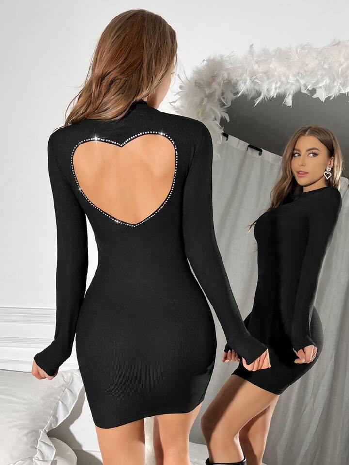 SHEIN BAE Heart Cut Out Back Mock Neck Bodycon Dress | SHEIN