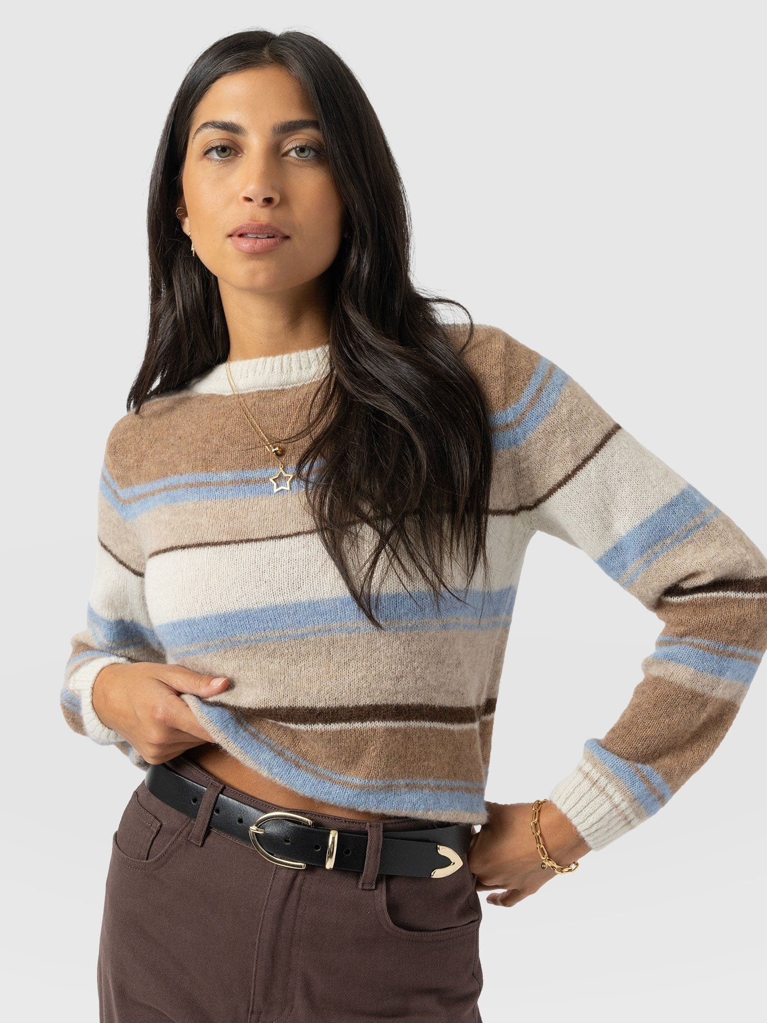 Ariella Boat Neck Sweater - Blue/Brown Stripe | Saint + Sofia