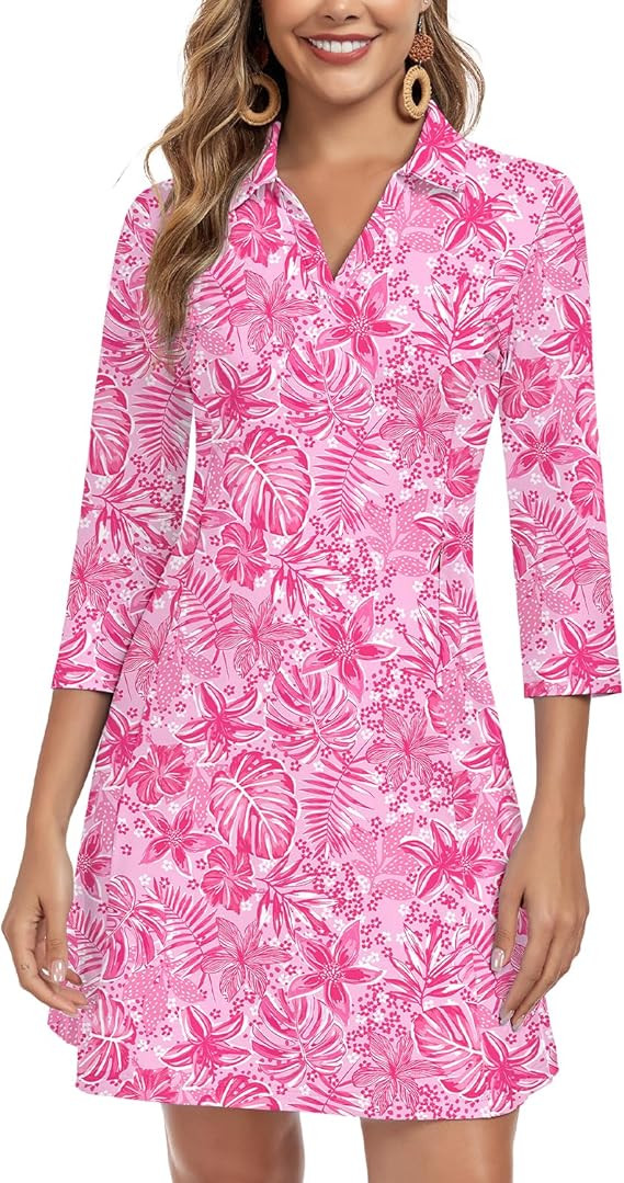 WOWENY 3/4 Sleeve Dress for Women with Pockets V Neck UPF 50+ Casual Sun Dress Breathable Quick D... | Amazon (US)